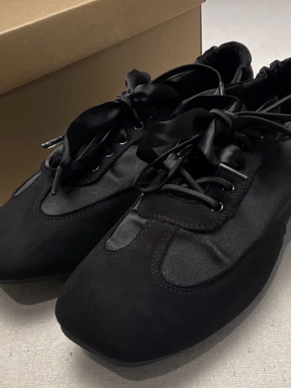 Women’s Black Satin Ribbon Lace-Up Sneakers